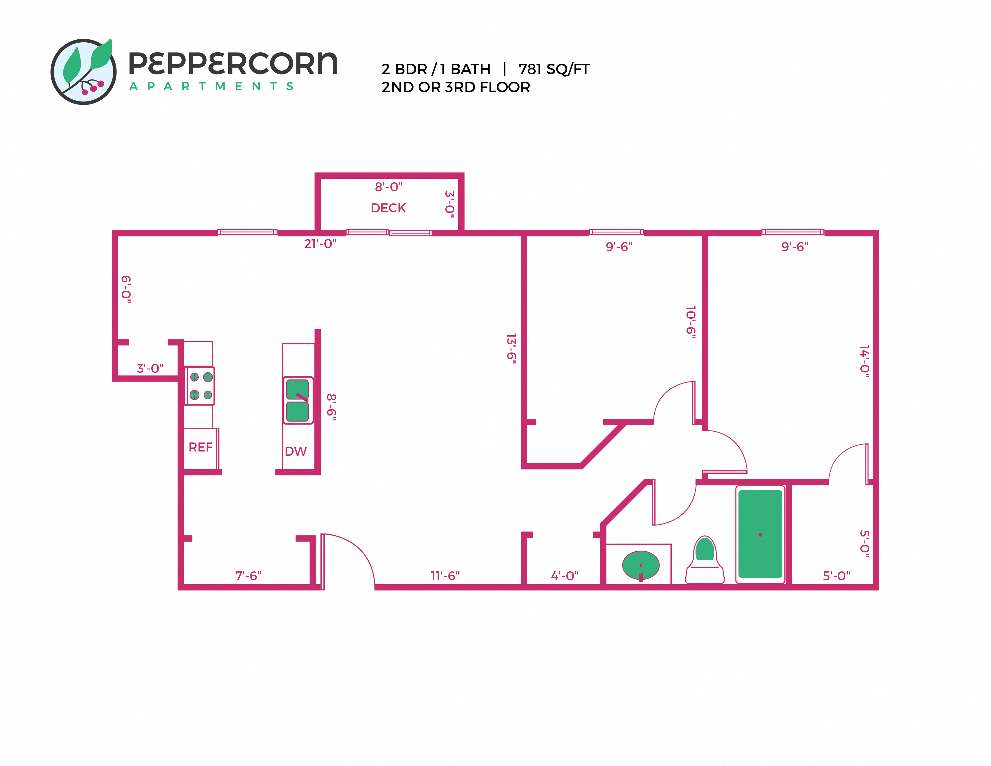 Floor plan for 2 beds, 1 bath, 781 sqft